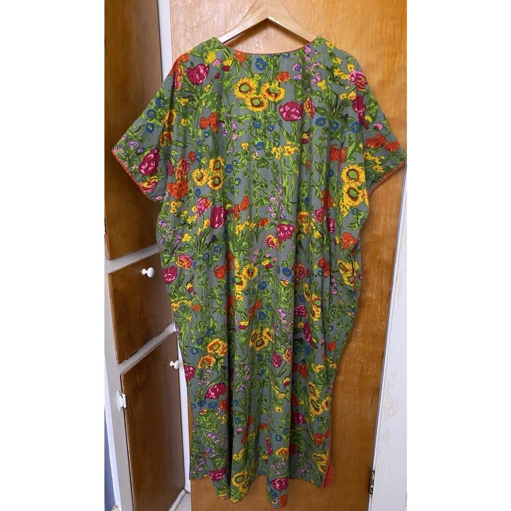 J PETERMAN Cotton Oversized Maxi Kaftan Mumu Pockets One Size Floral Boho Dress - Picture 7 of 8